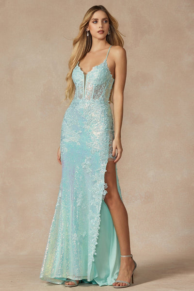 Fitted Sequin Applique Lace-Up Gown by Juliet 2405