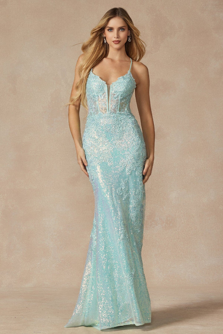 Fitted Sequin Applique Lace-Up Gown by Juliet 2405