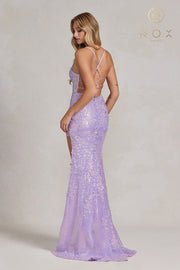 Fitted Sequin Applique Slit Gown by Nox Anabel D1157