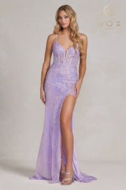 Fitted Sequin Applique Slit Gown by Nox Anabel D1157