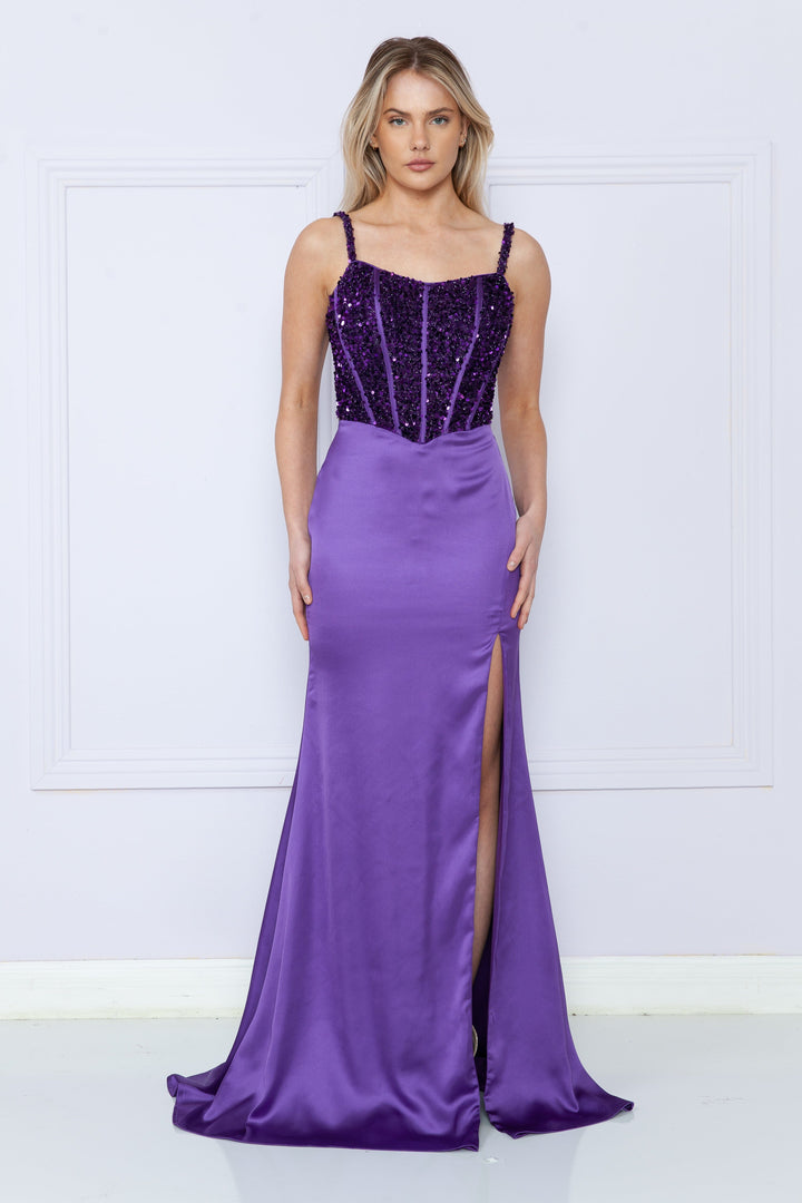 Fitted Sequin Bodice Slit Gown by Poly USA 9176