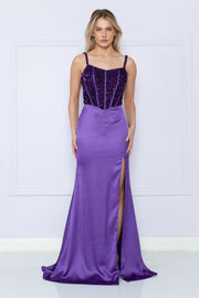 Fitted Sequin Bodice Slit Gown by Poly USA 9176