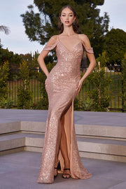 Fitted Sequin Cold Shoulder Slit Gown Ladivine BD4004