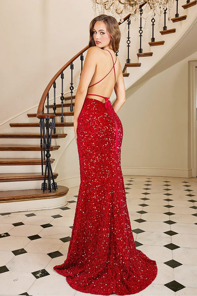 Fitted Sequin Deep V-Neck Slit Gown by Adora 3113