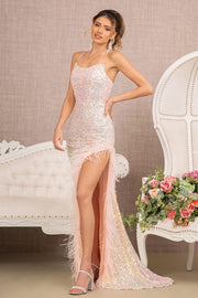 Fitted Sequin Feather Slit Gown by GLS Gloria GL3131
