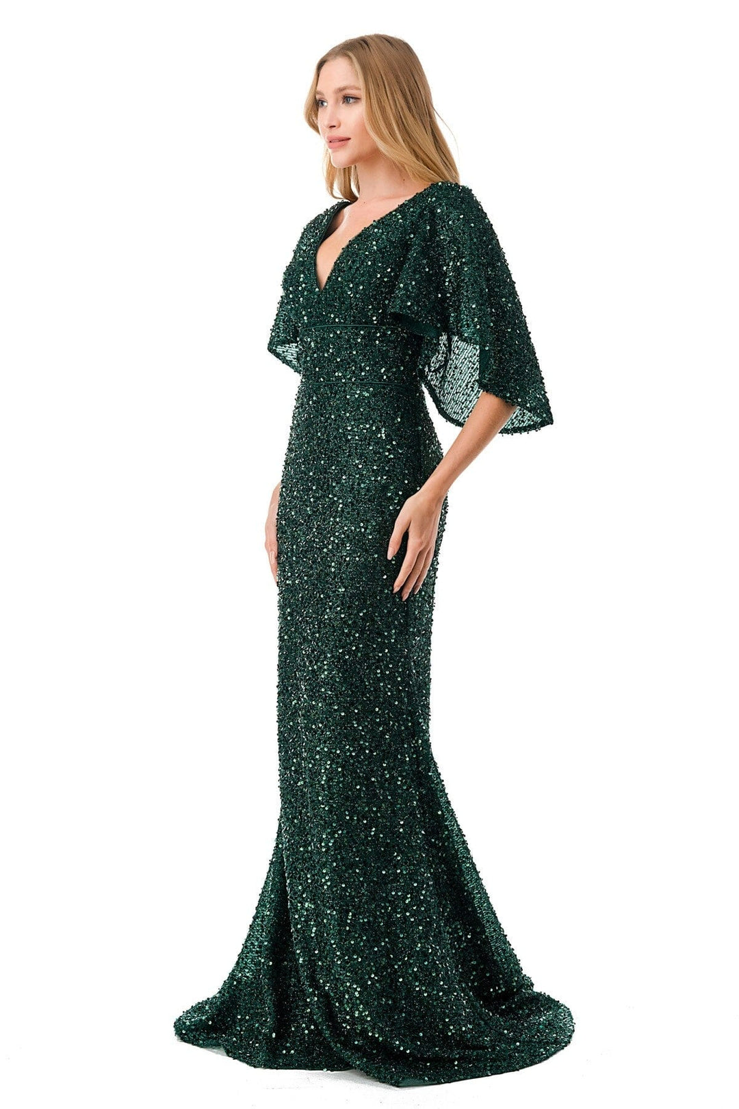 Fitted Sequin Flutter Sleeve Gown by Coya M2751T
