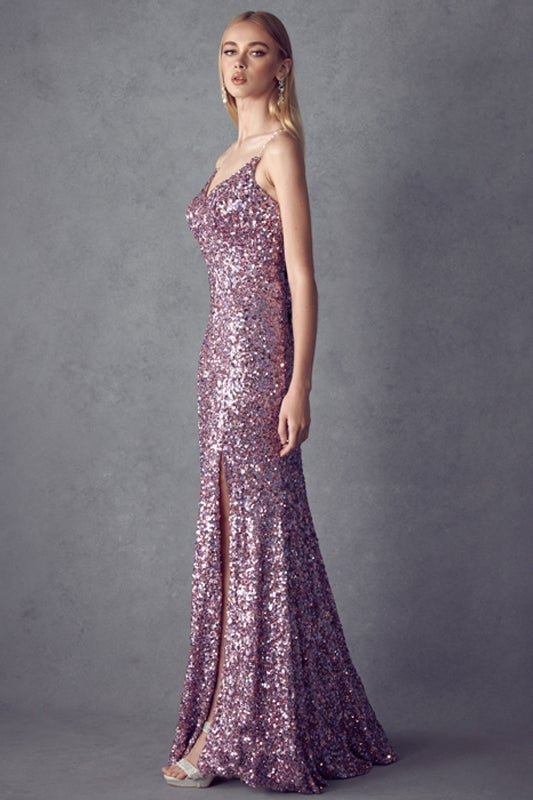 Fitted Sequin Lace-Up Back Gown by Juliet 254