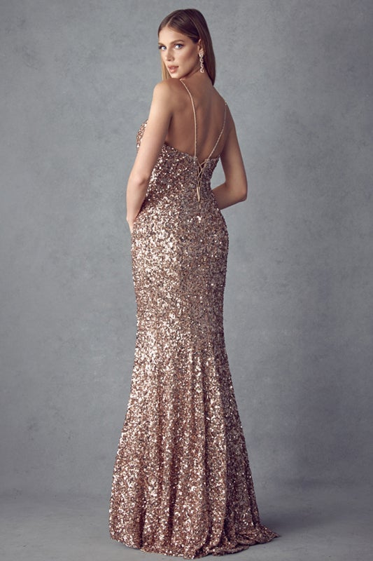 Fitted Sequin Lace-Up Back Gown by Juliet 254