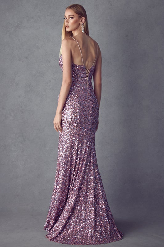 Fitted Sequin Lace-Up Back Gown by Juliet 254