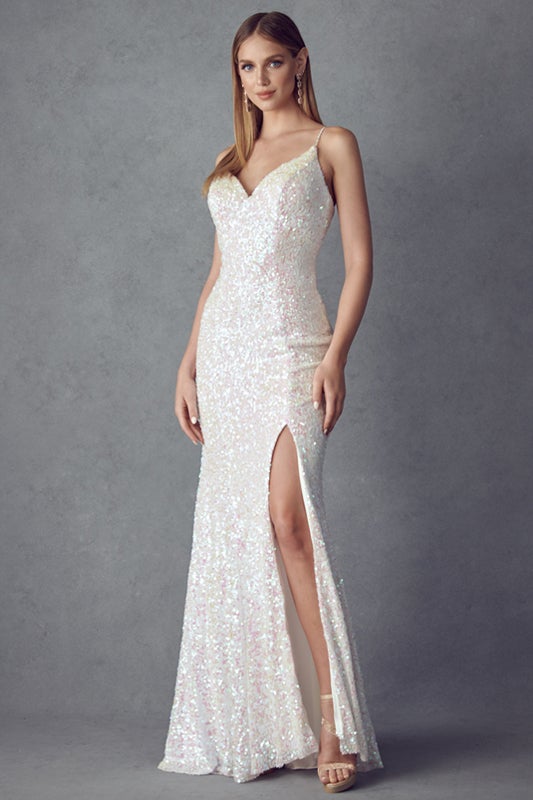 Fitted Sequin Lace-Up Back Gown by Juliet 254