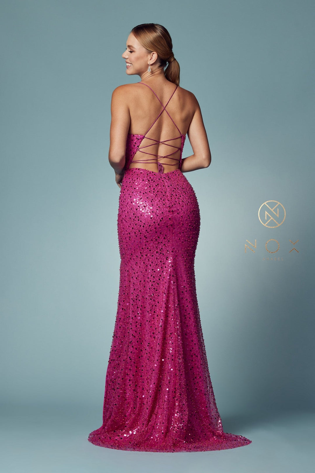 Fitted Sequin Lace-Up Back Gown by Nox Anabel R1031