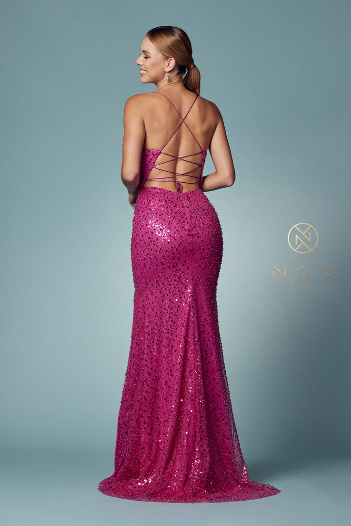 Fitted Sequin Lace-Up Back Gown by Nox Anabel R1031