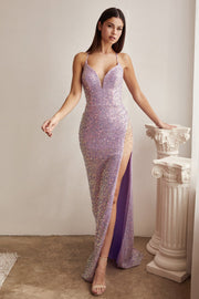 Fitted Sequin Lace-Up Back Slit Gown by Ladivine CD258