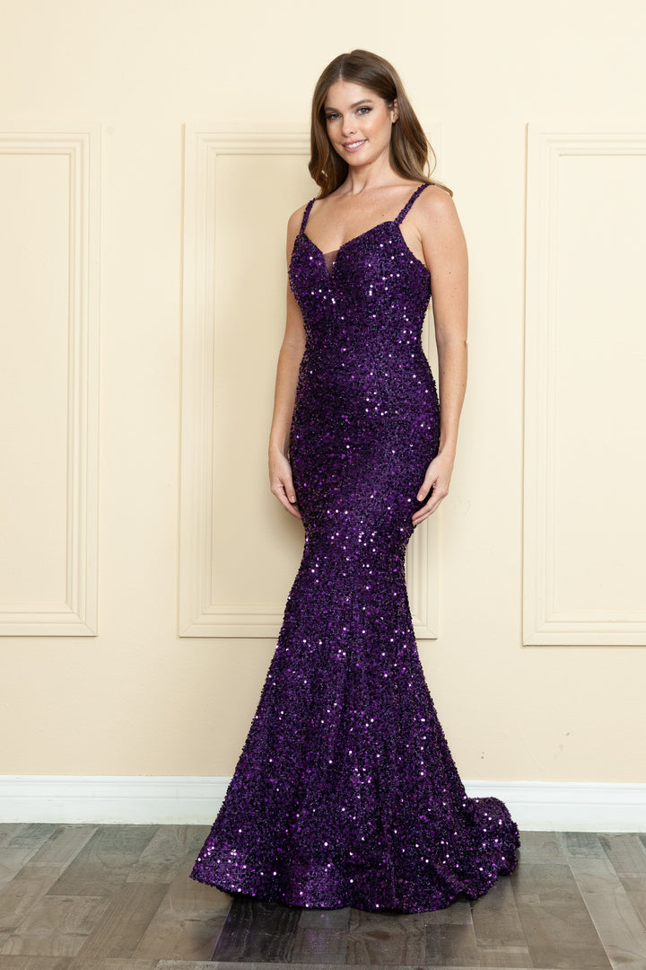 Fitted Sequin Lace-Up Gown by Poly USA 9002