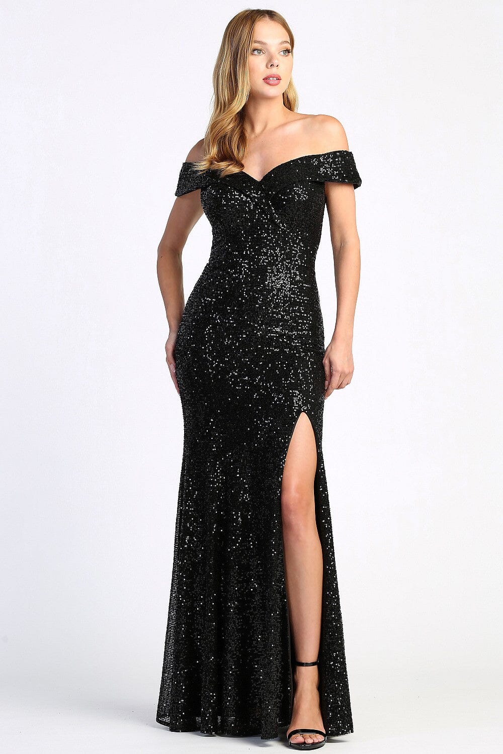 Fitted Sequin Off Shoulder Slit Gown by Adora 3059