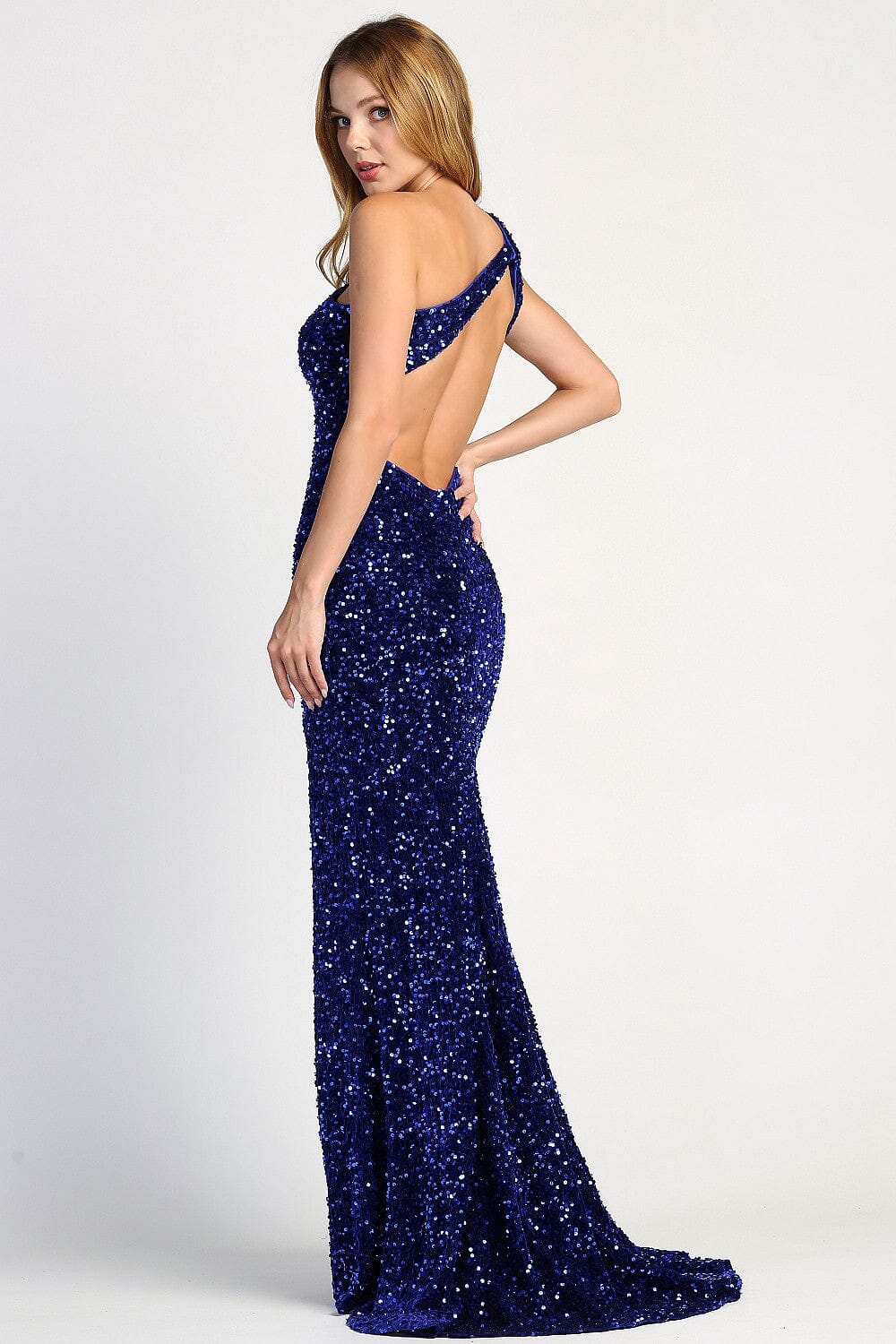 Fitted Sequin One Shoulder Slit Gown by Adora 3067