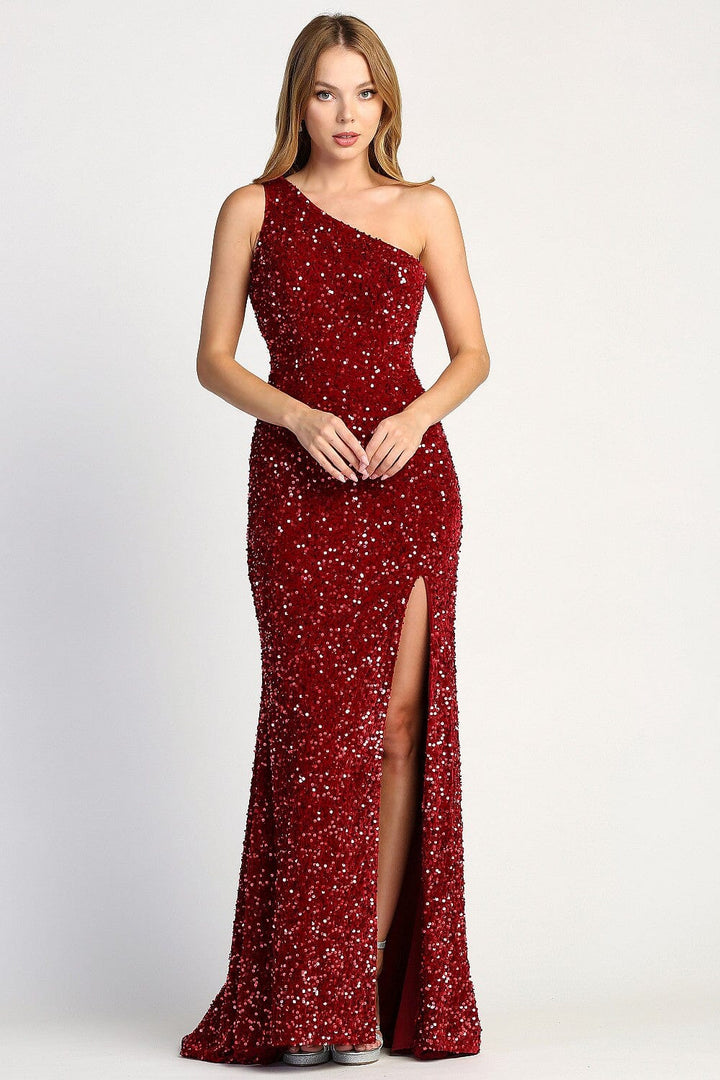 Fitted Sequin One Shoulder Slit Gown by Adora 3067