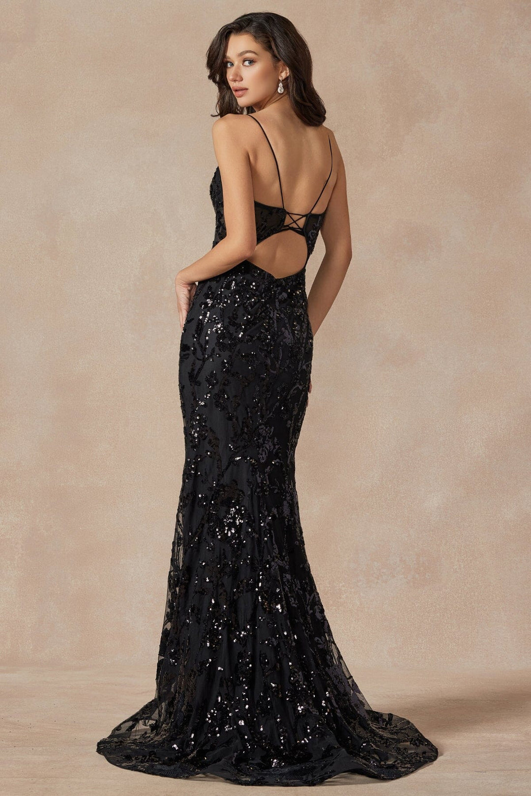 Fitted Sequin Print Deep V-Neck Gown by Juliet 2411