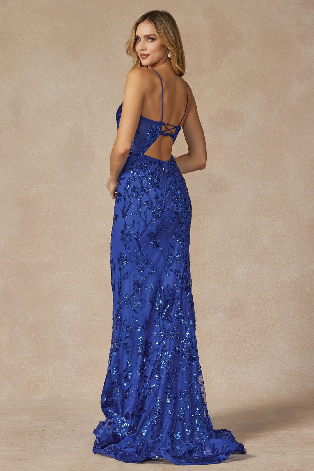 Fitted Sequin Print Deep V-Neck Gown by Juliet 2411