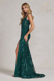 Fitted Sequin Print Slit Gown by Nox Anabel C1103