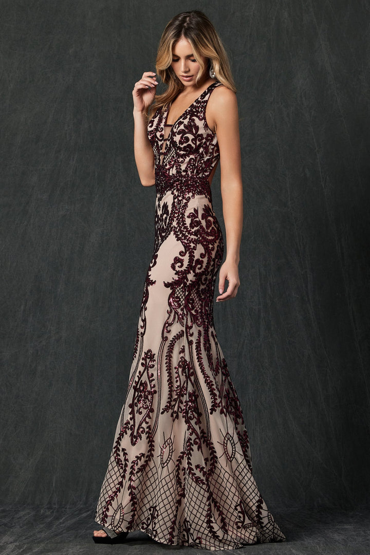 Fitted Sequin Print V-Neck Gown by Juliet 243