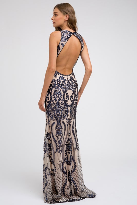 Fitted Sequin Print V-Neck Gown by Juliet 243