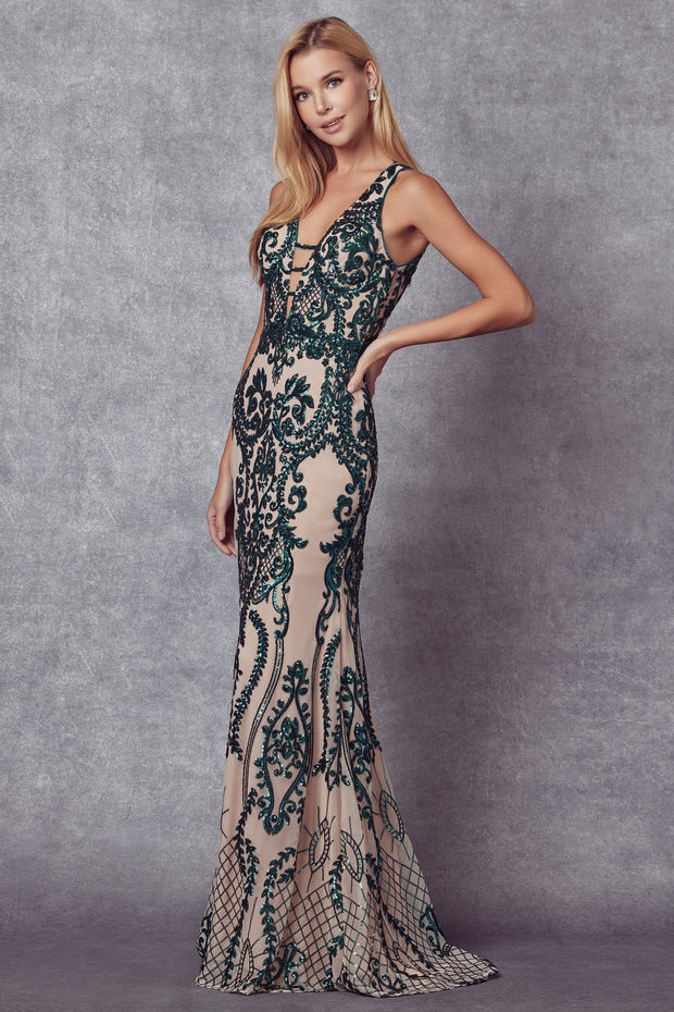 Fitted Sequin Print V-Neck Gown by Juliet 243