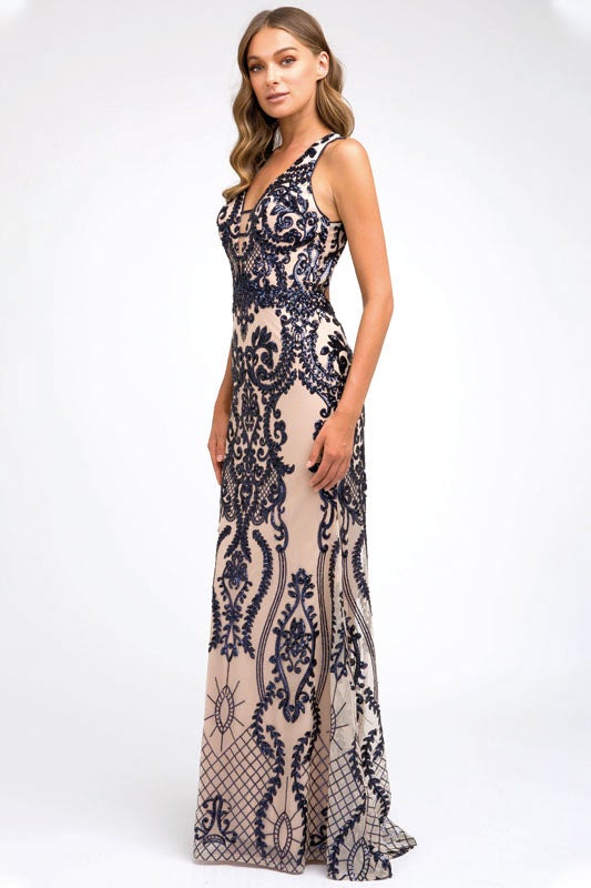 Fitted Sequin Print V-Neck Gown by Juliet 243