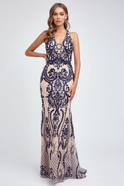 Fitted Sequin Print V-Neck Gown by Juliet 243