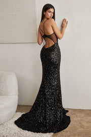 Fitted Sequin Sheer Cutout Gown by Ladivine CH127