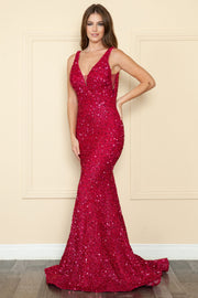 Fitted Sequin Sheer V-Neck Gown by Poly USA 9108