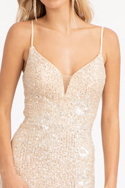 Fitted Sequin Slit Gown by Elizabeth K GL3023