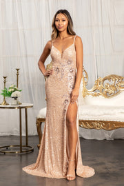 Fitted Sequin Slit Gown by Elizabeth K GL3023