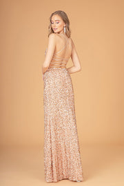 Fitted Sequin V-Neck Slit Gown by Elizabeth K GL3080