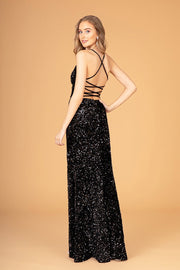 Fitted Sequin V-Neck Slit Gown by Elizabeth K GL3080