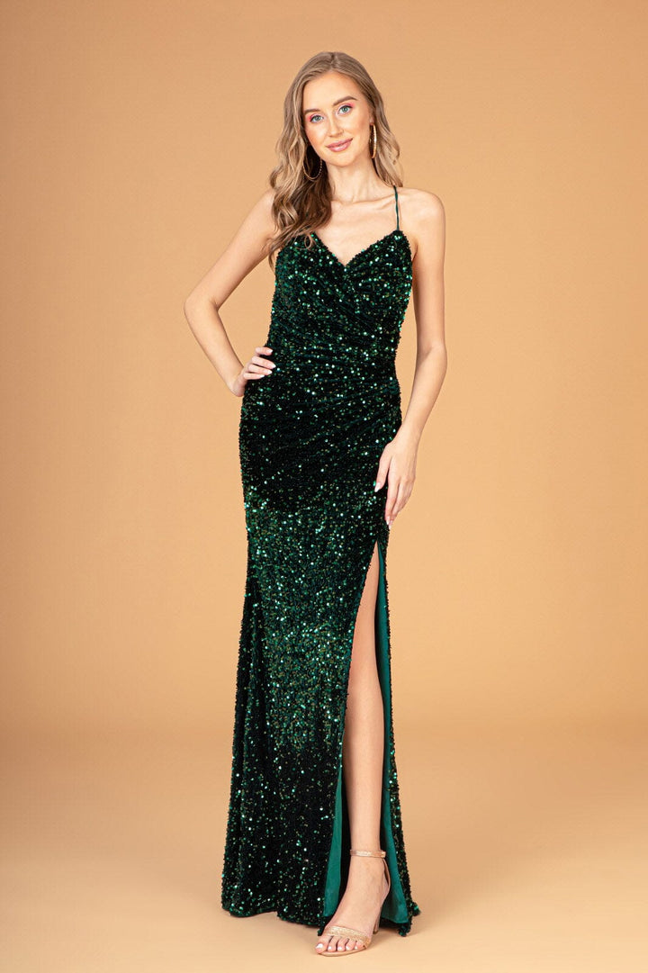 Fitted Sequin V-Neck Slit Gown by Elizabeth K GL3080