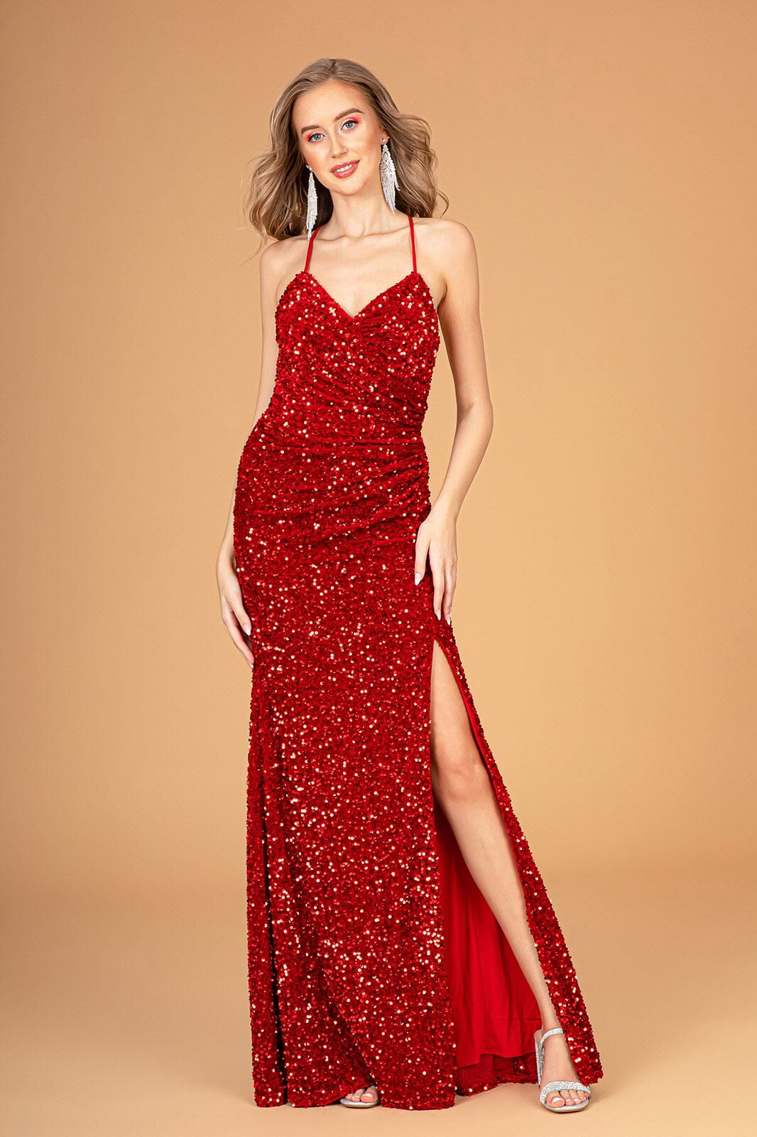 Fitted Sequin V-Neck Slit Gown by Elizabeth K GL3080