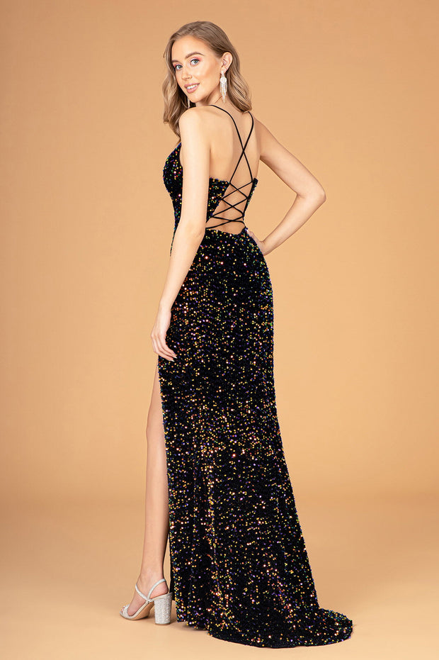 Fitted Sequin Velvet Slit Gown by Elizabeth K GL3081