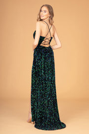 Fitted Sequin Velvet Slit Gown by Elizabeth K GL3081