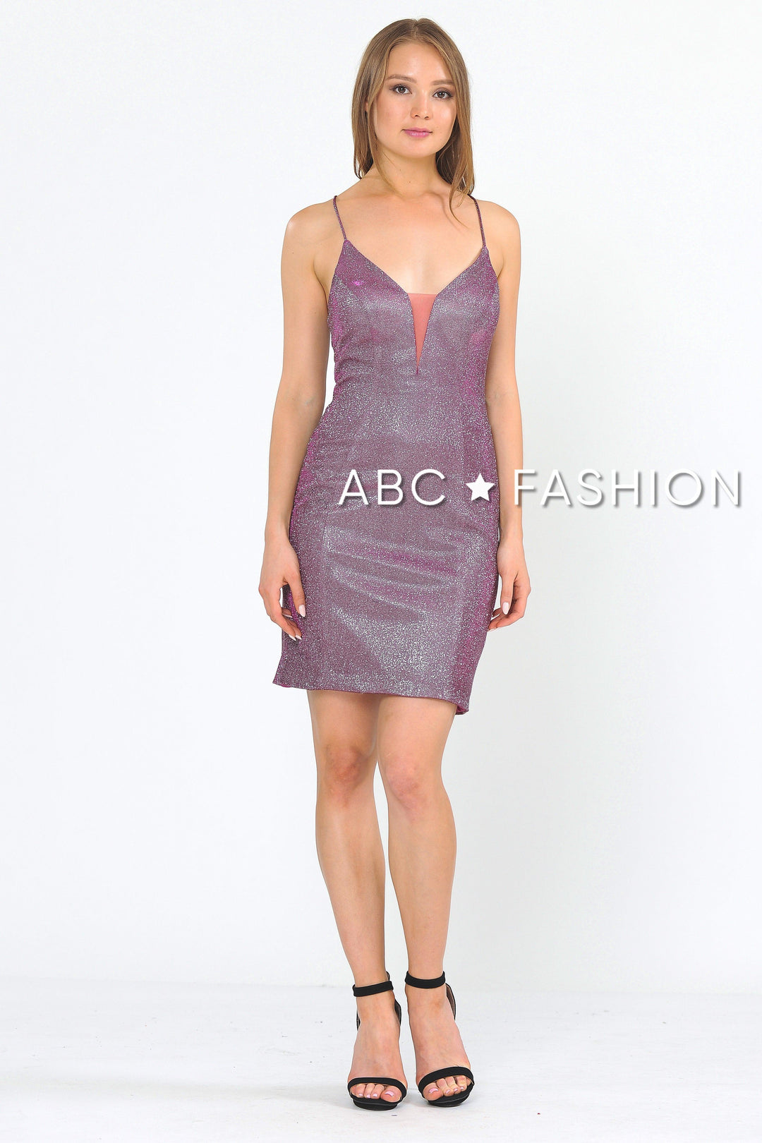 Fitted Short Glitter Dress with Sheer V-Neckline by Poly USA 8514-Short Cocktail Dresses-ABC Fashion