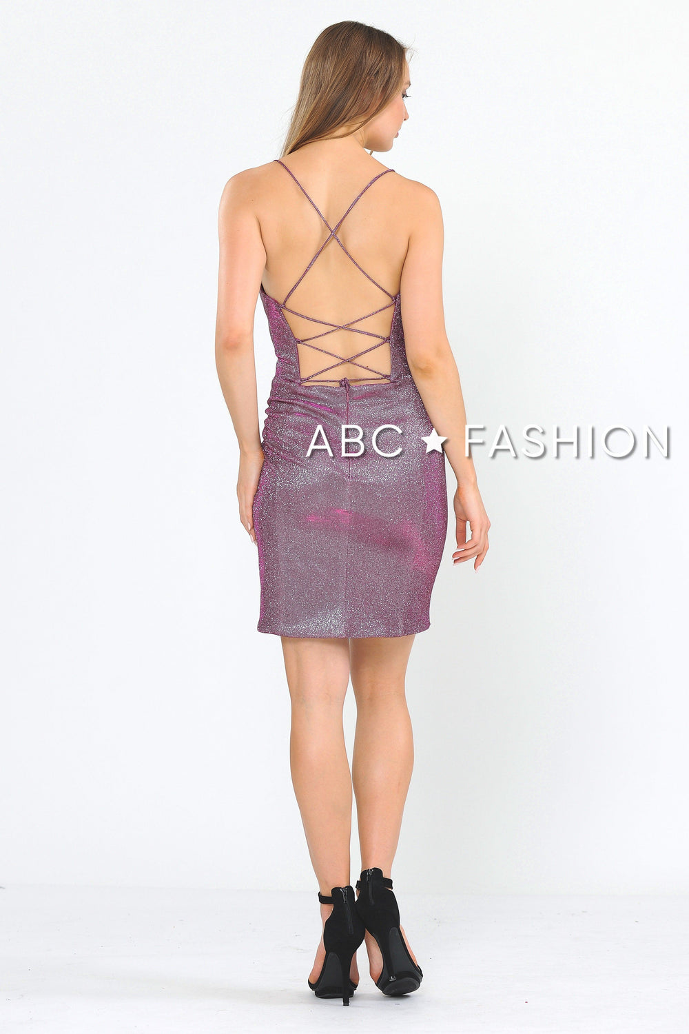 Fitted Short Glitter Dress with Sheer V-Neckline by Poly USA 8514-Short Cocktail Dresses-ABC Fashion