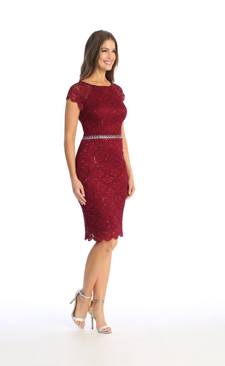 Fitted Short Sequin Lace Dress with Short Sleeves by Celavie 6372S