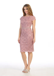 Fitted Short Sequin Lace Dress with Short Sleeves by Celavie 6372S