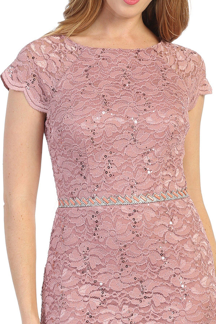 Fitted Short Sequin Lace Dress with Short Sleeves by Celavie 6372S