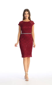 Fitted Short Sequin Lace Dress with Short Sleeves by Celavie 6372S
