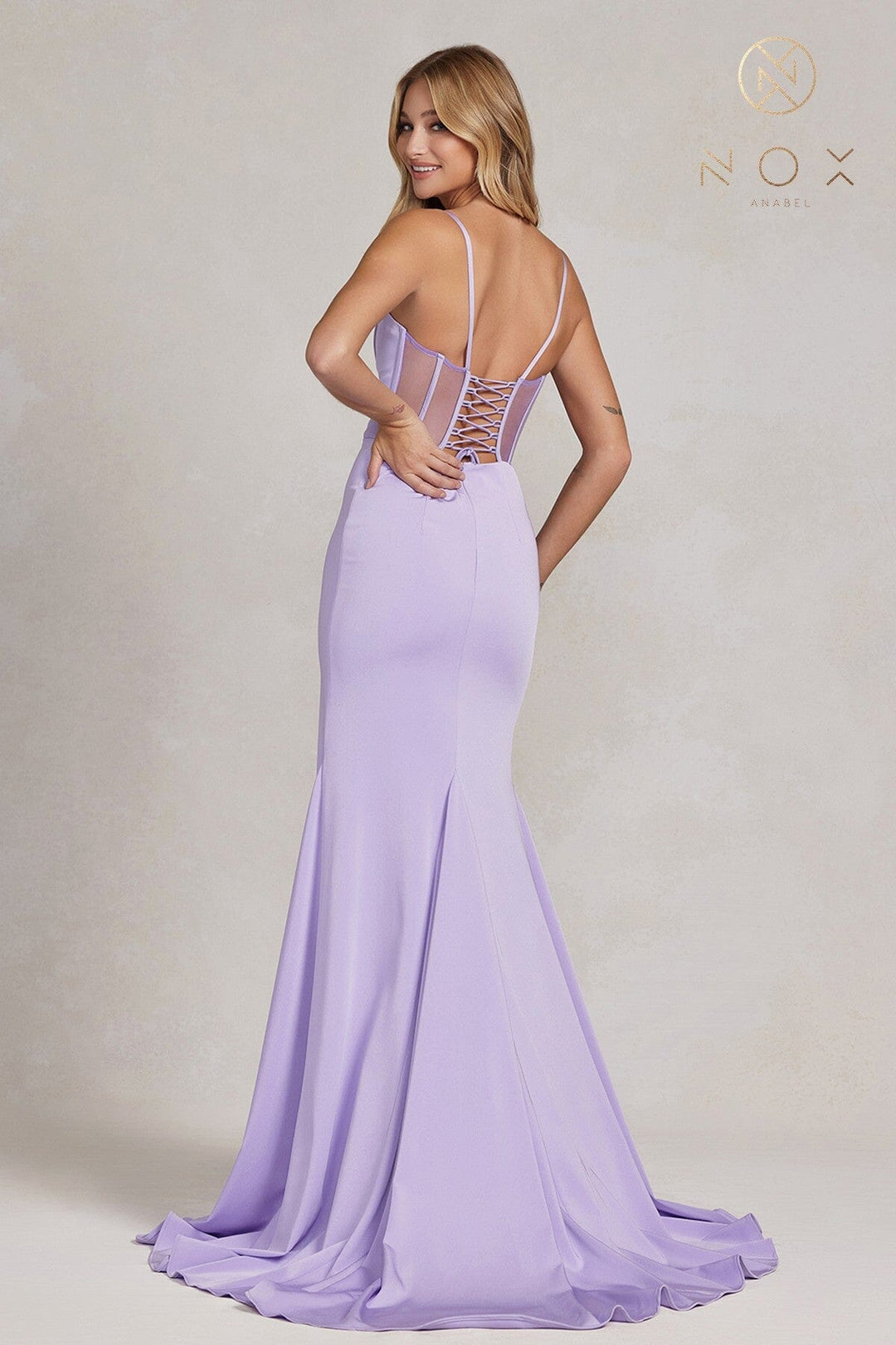 Fitted Sleeveless Corset Slit Gown by Nox Anabel P1168