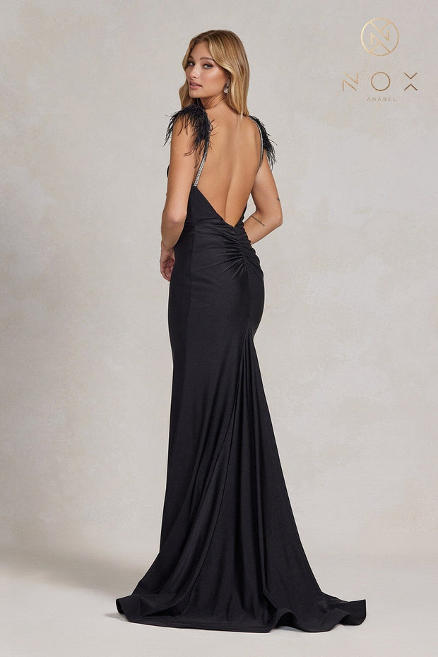 Fitted Sleeveless Feather Gown by Nox Anabel T1138