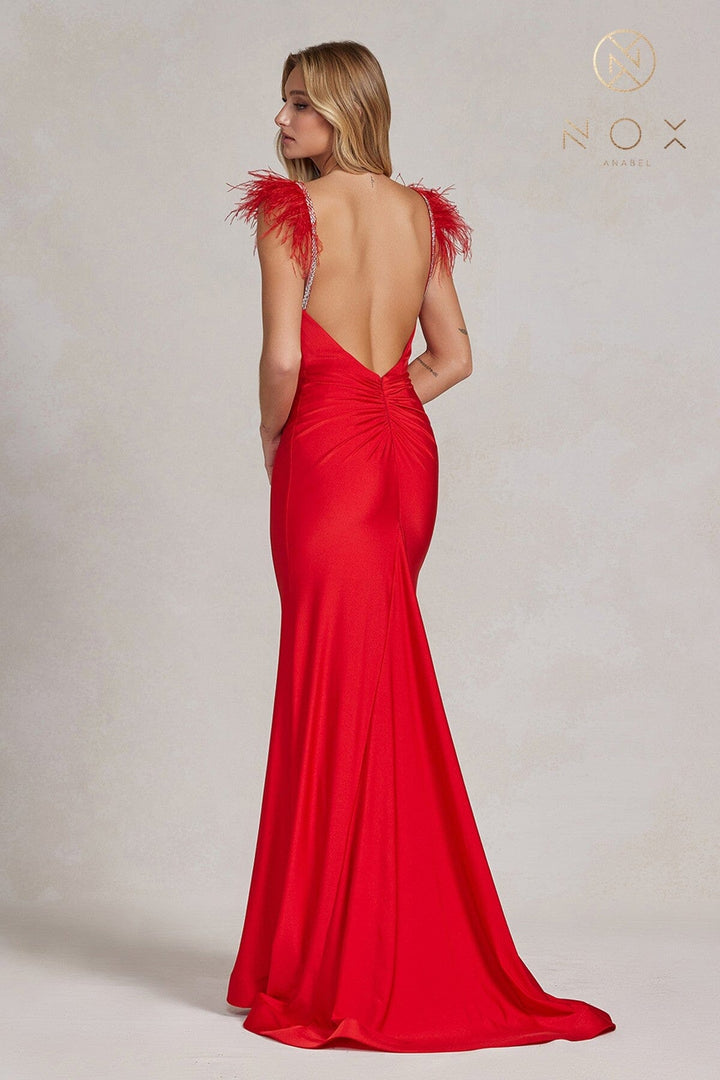 Fitted Sleeveless Feather Gown by Nox Anabel T1138