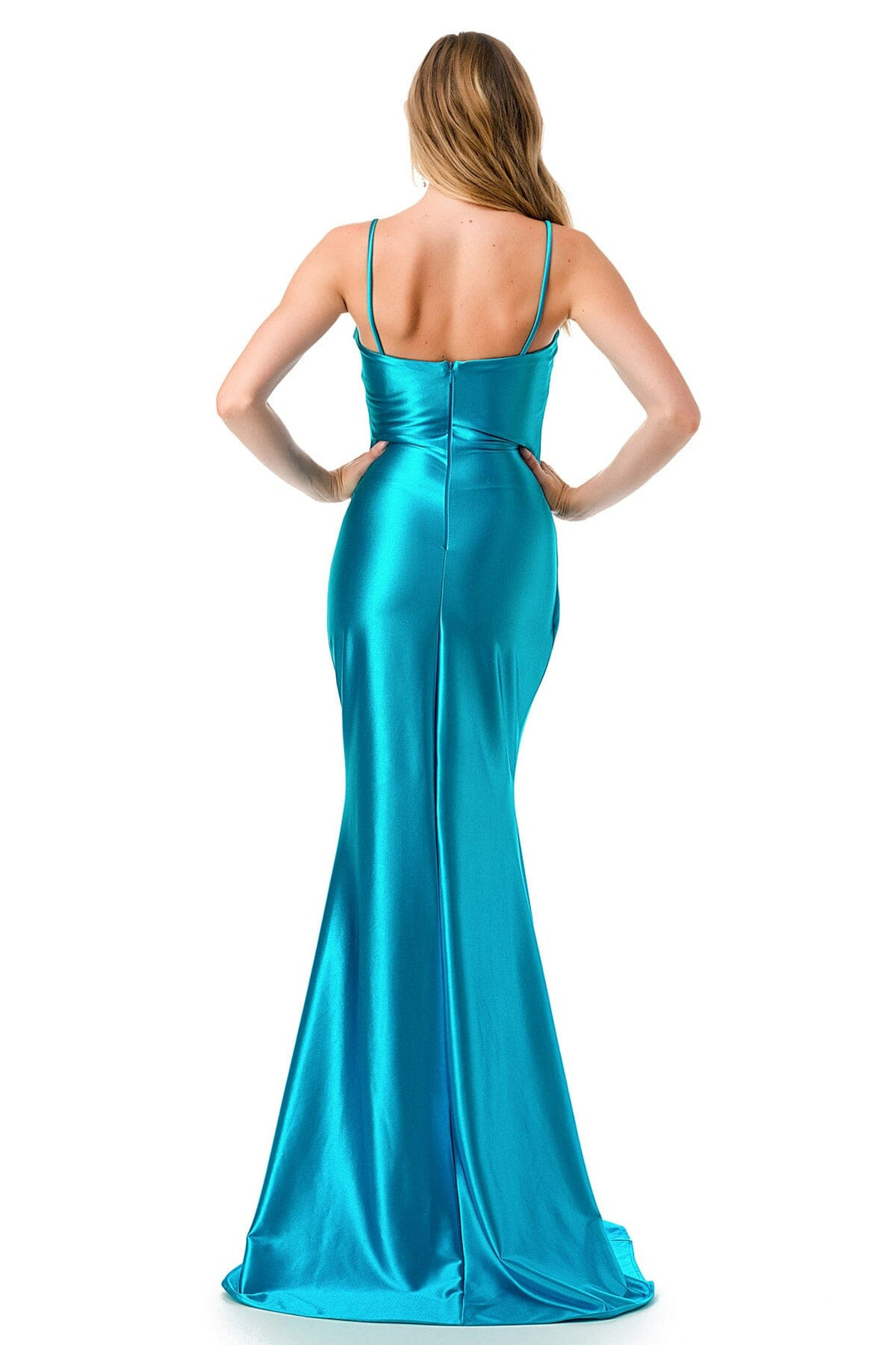 Fitted Sleeveless Satin Slit Gown by Coya D601