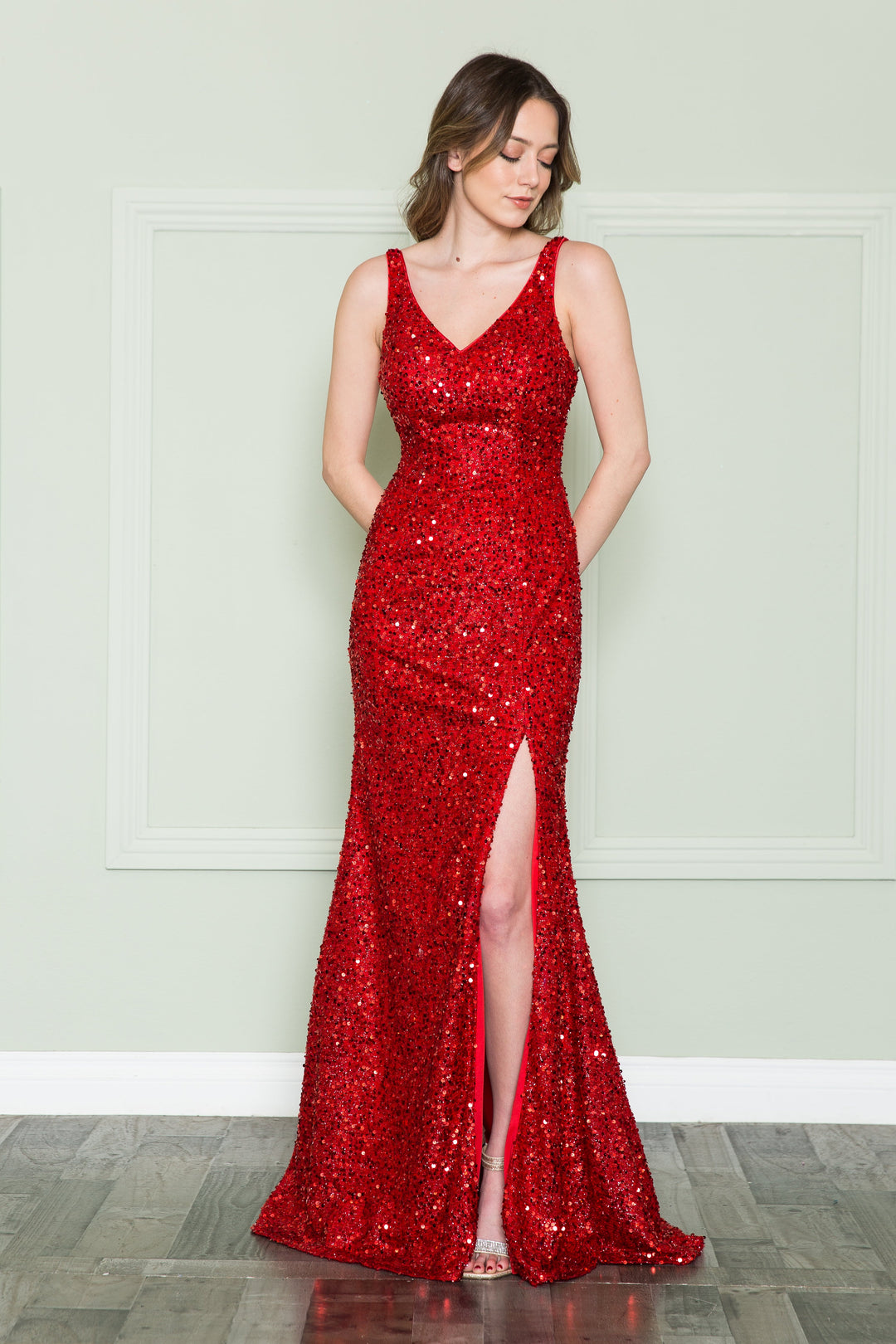 Fitted Sleeveless Sequin Gown by Poly USA 8872